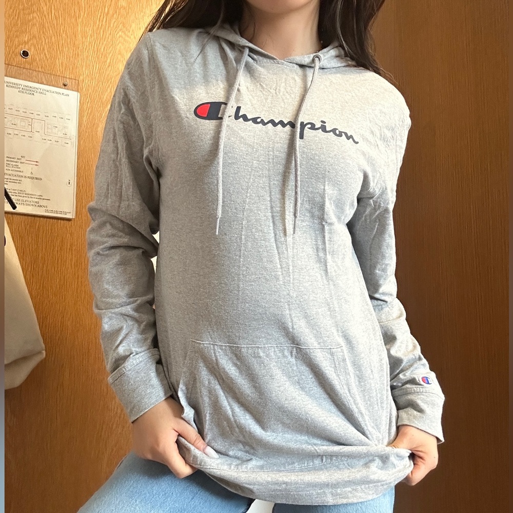 Champion Light Gray Script Logo Hoodie with Pocket